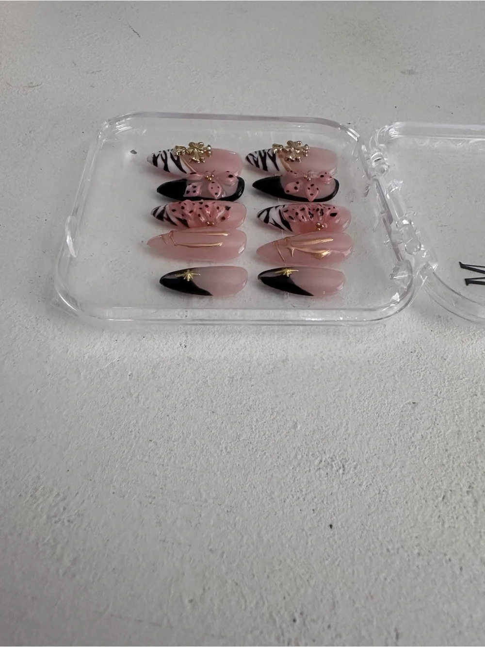Handmade Edgy Glam Press-On Nail Set - Zebra Print, 3D Florals, & Gold Cross Cha